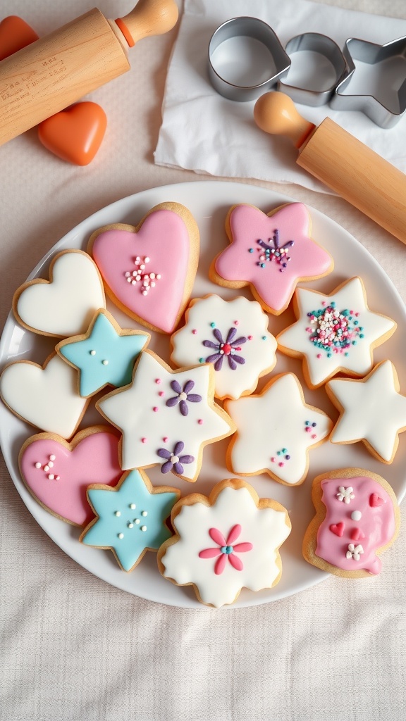 Colorful decorated sugar cookies on a plate, shaped like hearts and stars, with vibrant icing and sprinkles.